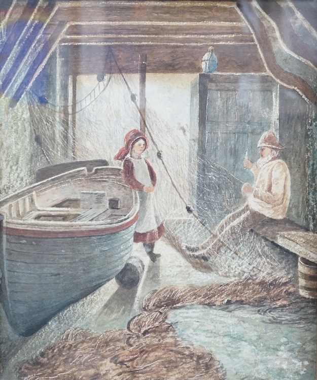 19th century, Naïve Cornish school, watercolour, Fisherman mending nets, unsigned, 29 x 34cm. Condition - fair to good